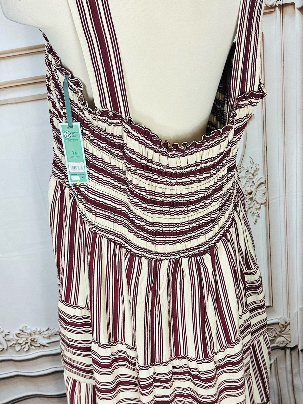Terra & Sky Striped Smocked Maxi Dress - Cream & Burgundy - Picture 4 of 12